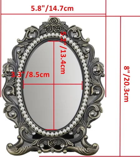 Bitray Espejo decorativo de mesa, espejo vintage de bronce para montaje en pared, borde perlado, espejo de maquillaje para colgar en la pared
