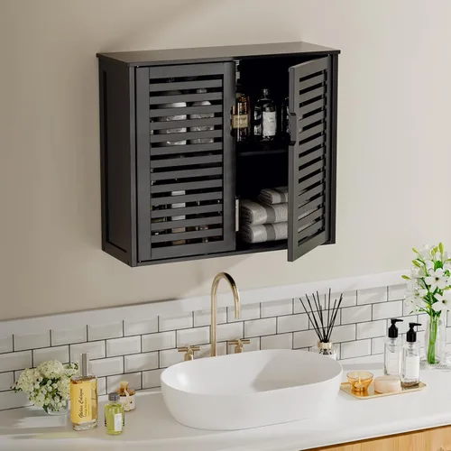 Miniatura 4 de HITNET Gabinete de almacenamiento de baño negro, gabinete de medicina colgante con estante ajustable, organizador de ahorro de espacio de bambú