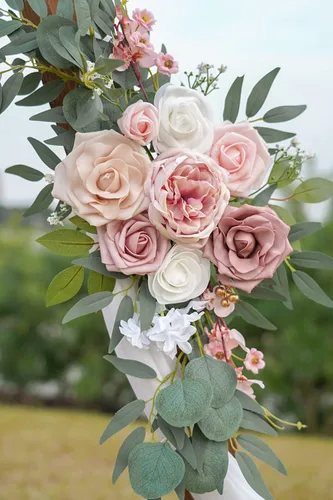 Miniatura 9 de ponatia Pequeños Ramos de Flores de Arco de Boda (Paquete de 2), Flores Artificiales Rosa Polvo para Señales de Bienvenida de Boda, Decoraciones