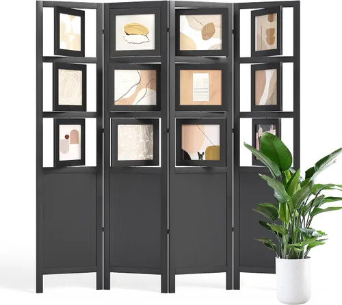 Miniatura 9 de Divisor de habitación para fotos de 4 paneles, pantalla de privacidad plegable independiente y decorativo con 16 marcos para oficina en casa (negro)