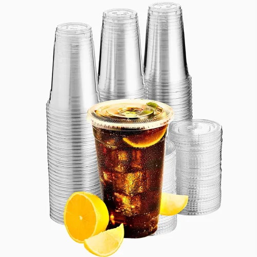 Miniatura 9 de Green Direct Vasos de plástico ultra transparentes con tapas planas para café helado, batido de té Boba (100, 10 onzas)