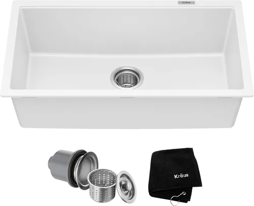 Miniatura 17 de Kraus Quarza - Fregadero de cocina de granito para montar por debajo, cajón único de 31 pulgadas, en ónix negro, KGU-413B