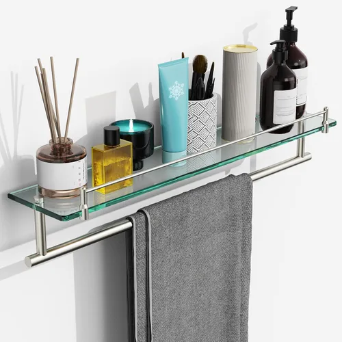 Estante de baño de vidrio templado de 24 pulgadas con toallero, soporte para toallas de níquel cepillado, moderno acero inoxidable SUS304, colgador