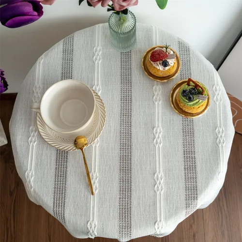 Miniatura 3 de Gernaice Mantel bordado de rayas rústicas y pequeñas con borlas cuadradas de algodón y lino, sin arrugas, lavable, para mesita de noche, café, Blanco