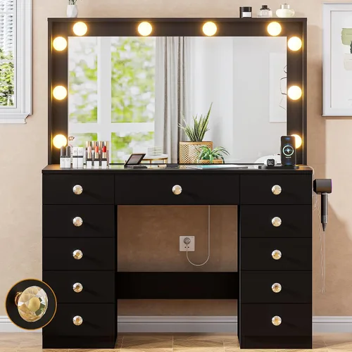 Miniatura 2 de DINGIPP Tocador de 42.1 pulgadas con espejo grande y 10 luces LED, escritorio de tocador con tope de cristal, 11 cajones con asas de cristal