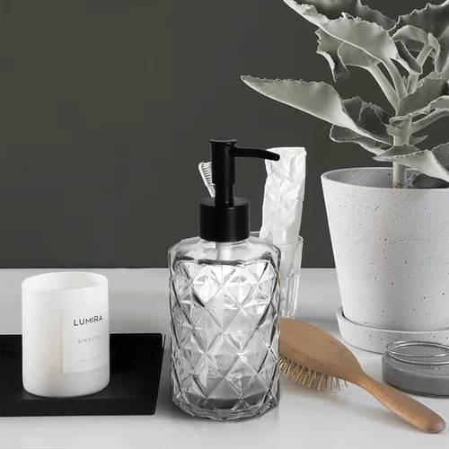 Miniatura 3 de 2 dispensadores de jabón de vidrio transparente con bomba, dispensador de jabón recargable de 11 oz con diseño de diamante para lavado de manos