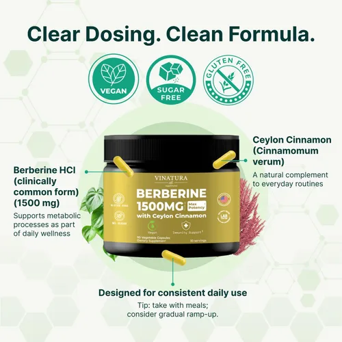 Miniatura 4 de VINATURA Berberina 1500mg - Suplemento de berberina con canela de Ceilán, berberina HCL de máxima potencia - 90 cápsulas