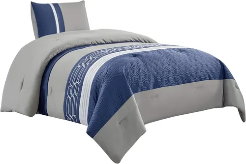 WPM WORLD PRODUCTS MART LOLA - Juego de edredón alternativo bordado acolchado de plumón tamaño individual, incluye edredón azul/gris/blanco y funda