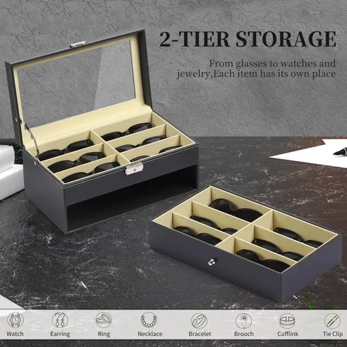Miniatura 6 de AUTOARK AW-023 - Organizador de cuero para guardar lentes de sol, 12 piezas, color negro, AW-023
