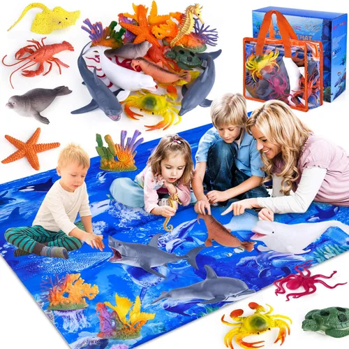 GINMIC Juguetes de animales del océano para niños con alfombra de juego grande, paquete de 18 juguetes de animales marinos realistas surtidos con