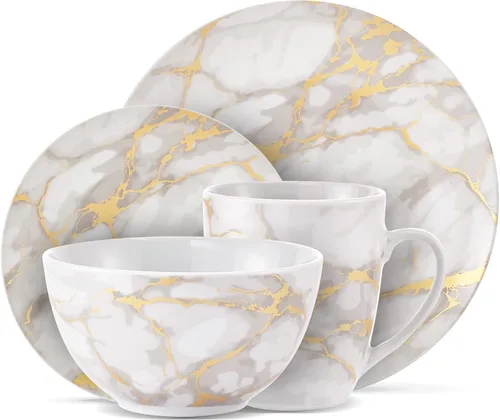 Safdie & Co - Juego de vajilla de cerámica de porcelana de 16 piezas, diseño ligero, apilable, en acabado mármol dorado/gris dorado (Gold Marble)