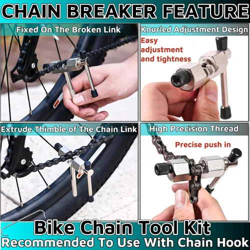 Miniatura 4 de Herramienta de cadena de bicicleta, 3 piezas, alicates de eslabones de bicicleta + herramienta de deriva de cadena + gancho de cadena de bicicleta