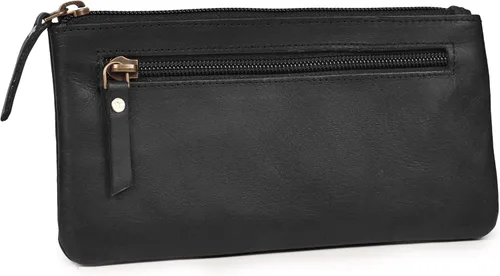 LEATHER VILLAGE Estuche de Cuero para Lápices y Bolígrafos - Negro Mate - 8"X4" - Doble Bolsillo - Elegante y Práctico Estuche con Cremallera para