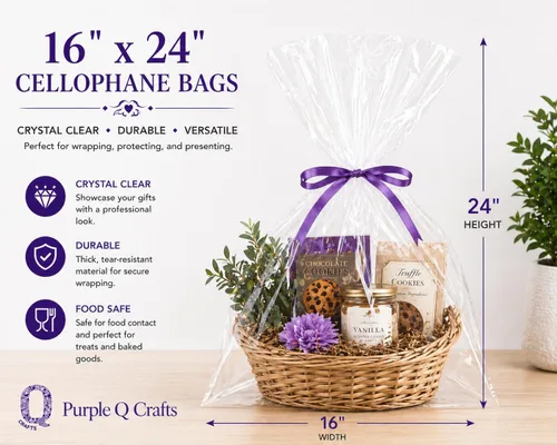 Purple Q Crafts Bolsas de cesta transparentes de 16 x 24 pulgadas de celofán, bolsas de regalo pequeñas de 1.2 mil de grosor (20 bolsas)
