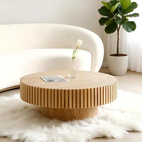 Miniatura 20 de Mesa de centro moderna de madera redonda acanalada, Ø31.5 x 13.8 pulgadas de alto, espacio pequeño, color marrón, tambor circular, centro estriado