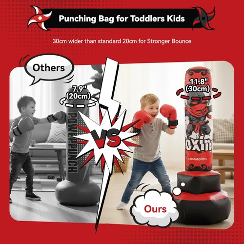 Miniatura 3 de COMMOUDS Saco de boxeo de 67 pulgadas para niños, juego de boxeo inflable con guantes, saco de boxeo de rebote rápido para practicar karate, Rojo