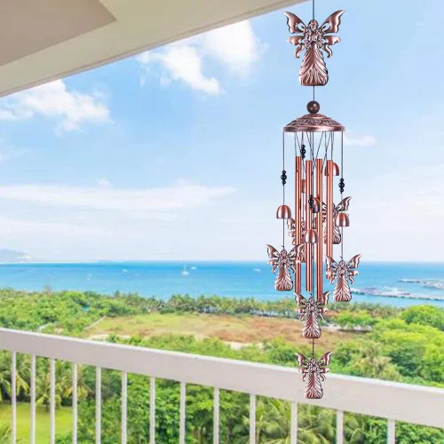 Miniatura 7 de Campanillas de viento de ángel de jardín de 36 pulgadas para decoración interior y exterior, con 4 tubos de aluminio, 6 campanas, 7 ángeles