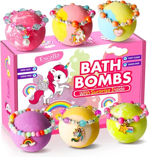 Bombas de baño de unicornio con sorpresa en el interior para niñas, 6 bombas de baño para niños con joyas en el interior, set de baño de burbujas