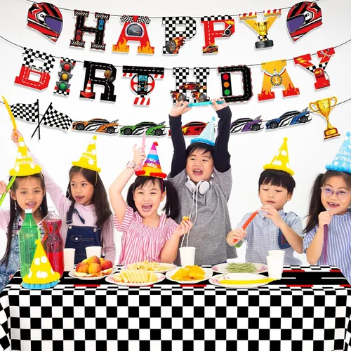 Miniatura 2 de WNINK Manteles con temática de auto de carreras, cartel de feliz cumpleaños, mantel rectangular de carreras, kit de decoración de fiesta de auto