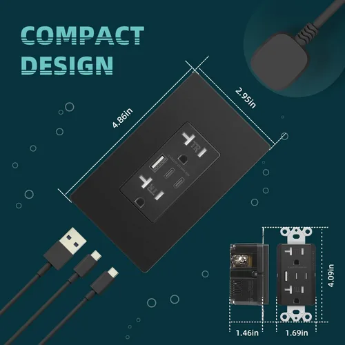 Miniatura 5 de TOPELER - Toma de corriente para montaje en pared con puertos USB 6.0A, dos tomas eléctricas de 20 amperios, tomas y puertos resistentes a la Negro