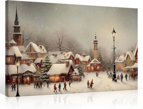 Miniatura 16 de Huabsad Lienzo vintage de Navidad con diseño de casa de campo, arte de pared, estilo retro, nieve, invierno, pueblo, paisaje, famoso, pintura al