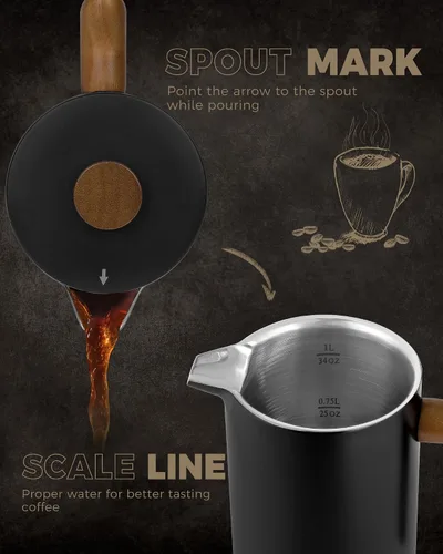 Miniatura 4 de POLIVIAR - Cafetera de prensa francesa, prensa de café de 34 onzas con mango de madera real, aislamiento de doble pared y pantalla de doble filtro