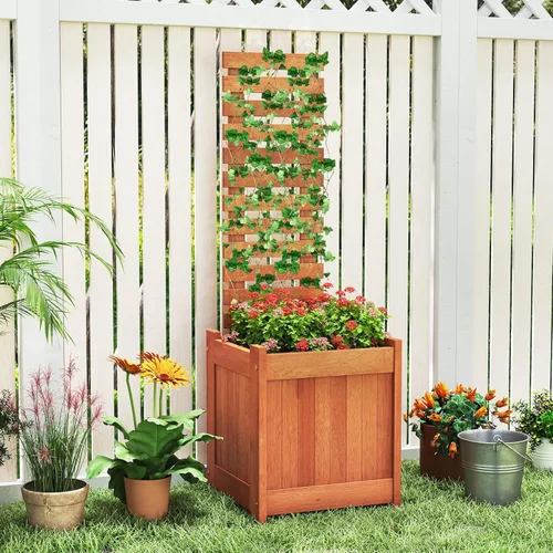 Miniatura 9 de Giantex Cama de jardín elevada de madera con enrejado, maceta para exteriores con base abierta para plantas trepadoras, profundidad de plantación