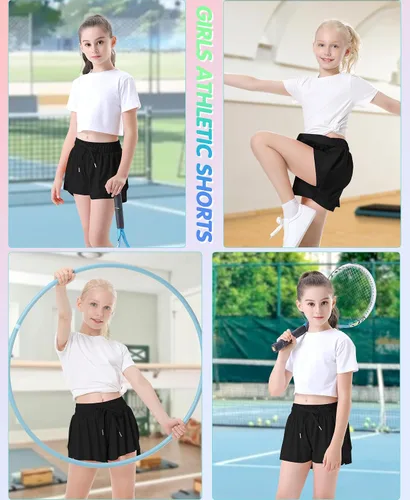Miniatura 4 de QooNoo Pantalones cortos de mariposa para niñas con bolsillo, pantalones cortos atléticos fluidos de cintura alta para correr para niños