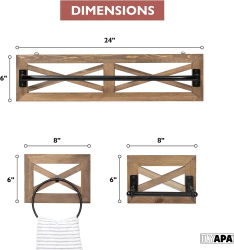 Miniatura 2 de Ilyapa Juego de soporte de papel higiénico rústico con toallero para baño, estantes de pared - Barra de madera de granero y metal negro, decoración