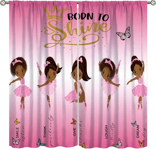 Miniatura 14 de YCness Cortinas afroamericanas para niños, tratamientos de ventana de niña negra afro para dormitorio, lindas cortinas de bailarina bailarina rosa