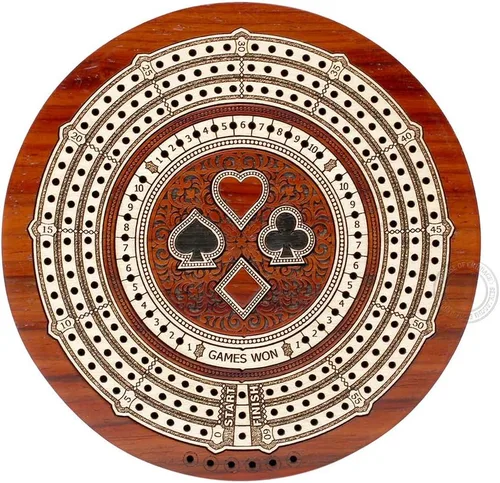 Miniatura 3 de House of Cribbage - Tabla de cuna de 3 pistas de forma redonda no continua - Almacenamiento de cajones para clavijas y 1 baraja de cartas con campos