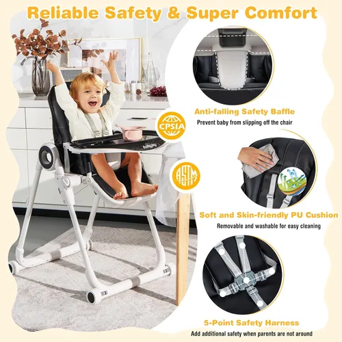 Miniatura 8 de BABY JOY Silla alta para bebés y niños pequeños, silla alta plegable con respaldo/reposapiés/altura del asiento, bandejas extraíbles dobles, cojín