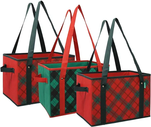 Earthwise Caja de compras plegable reutilizable de lujo, juego de bolsas de comestibles con parte inferior reforzada, diseño navideño a cuadros