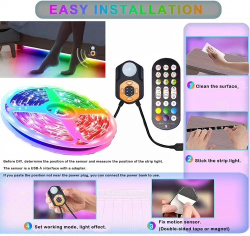 Miniatura 6 de Tira de luz LED con sensor de movimiento debajo de la cama, 9.84 pies, control remoto/aplicación, regulable, sincronización de música, temporizador