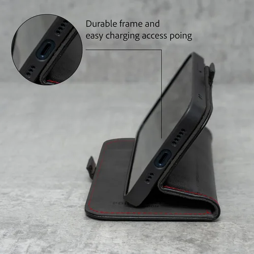 Miniatura 4 de Porter Riley - Funda de cuero para iPhone 13 (6.1 pulgadas). Funda de piel auténtica de primera calidad con ranuras para tarjetas, soporte Negro/Rojo