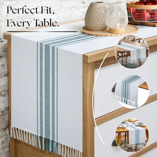 Miniatura 6 de Native Fab Camino de mesa verde azulado de 72 pulgadas de largo – Fundas de mesa bohemias a rayas con flecos – 100% algodón, tejido apretado, mantel