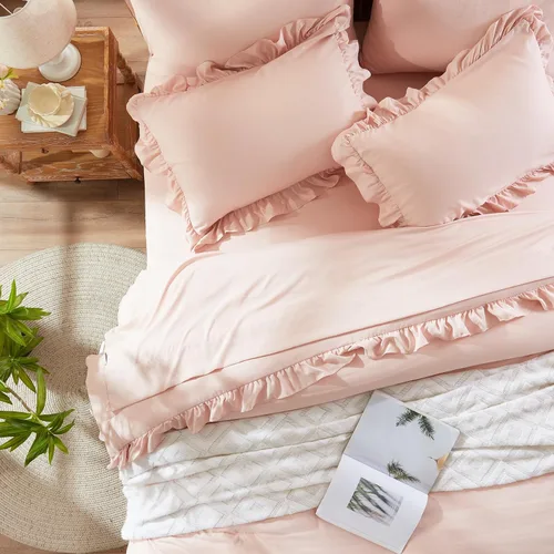 Miniatura 2 de Anluoer - Juego de cama individual con edredón de 5 piezas, rosa en una bolsa con sábanas, juego de ropa de cama de todos los días con volantes