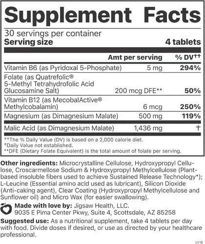 Miniatura 2 de Jigsaw Health MagSRT Suplemento de magnesio con vitamina B6, ácido fólico y B12 120 tabletas 30 porciones