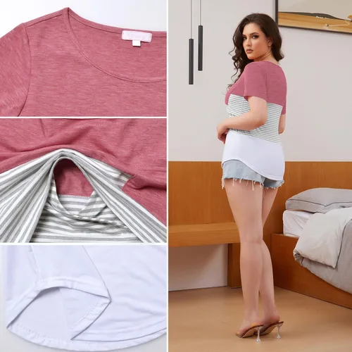 Miniatura 21 de Bhome Camiseta de lactancia con bloque de color de manga corta para lactancia materna camisa de embarazo con bolsillo