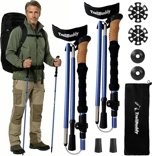 Miniatura 13 de TrailBuddy Bastones de senderismo plegables para niños, paquete de 2 bastones de senderismo para senderismo, camping y mochilero, bastones de Azul