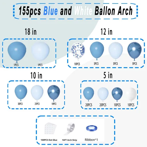 Miniatura 2 de Kit de guirnalda de arco de globos azules, 155 globos de confeti azul pastel, globos metálicos de confeti de macarrón para bebé, cumpleaños, boda