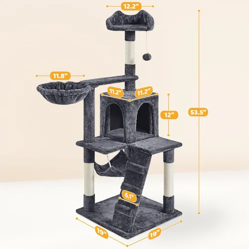 Miniatura 7 de Yaheetech Árbol para gatos de 54 pulgadas, torre para gatos de varios niveles con postes rascadores, amplio condominio y hamaca, centro