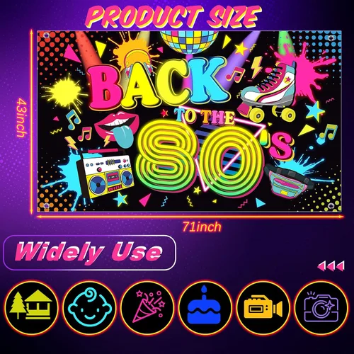 Miniatura 2 de Breling Cartel de fondo de Back to the 80's Retro Neon 80s que brilla en la oscuridad, decoraciones de fiesta colgantes de hip hop, decoración