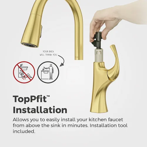 Miniatura 4 de Pfister Miri 2.0 Llave de cocina con rociador extraíble y dispensador de jabón, de un solo mango, arco alto, certificada por NSF, acabado en oro Oro