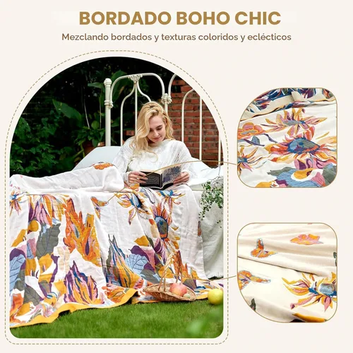 Miniatura 3 de Manta bohemia 100% algodón ultrasuave, manta grande de otoño, diseño floral de pájaros y mariposas, decoración de granja, manta de cama, 60 x 80
