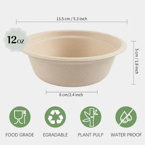 Miniatura 2 de ZORRITA Paquete de 150 unidades de cuencos de papel compostables de 12 onzas, pequeños cuencos desechables para sopa, cuencos naturales de caña