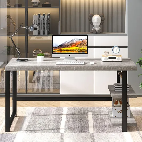Miniatura 7 de FOLUBAN Escritorio de oficina en casa de 47 pulgadas, escritorio moderno para computadora con estantes de almacenamiento, pequeña mesa de estudio