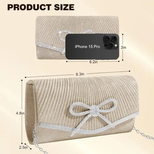 Miniatura 6 de Bolso de noche para mujer, bolsos de mano con lazo brillante, bolsa cruzada, bolsa de boda, fiesta de diamantes de imitación con purpurina
