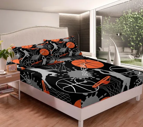 Bodhi Juego de sábanas de baloncesto, juego de cama matrimonial para niños, juego de ropa de cama deportiva para niños con 2 fundas de almohada,