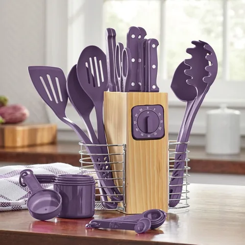 Miniatura 3 de Montgomery Ward Juego de 25 piezas de cubertería y utensilios, negro - Kit de preparación de cocina esencial para apartamento con cuchillos de mango